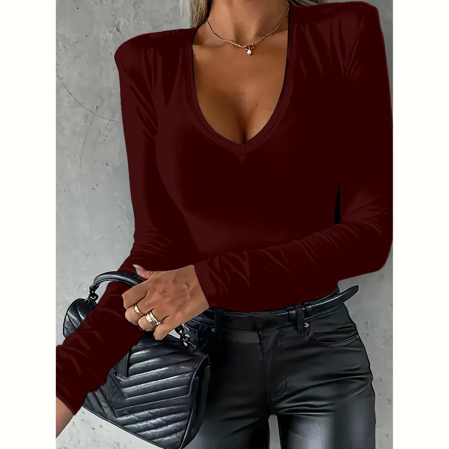 Casual Long-sleeved V-neck Tight Bottoming T-shirt