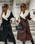 Casual Lace Up Fashion Fur Collar Pocket Loose Leather Coat