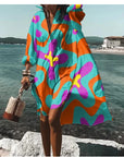 Women's Loose Digital Printing Long-sleeved Lapel Shirt Dress