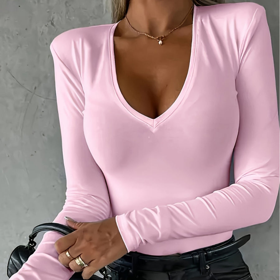 Casual Long-sleeved V-neck Tight Bottoming T-shirt