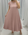 Short Sleeve Pleated Long Dress Summer Round Neck Dress Women's Clothing