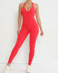 Halter Bare Back Yoga Jumpsuit Pleated Pocket Peach Hip Tight Sports Fitness Jumpsuit For Women