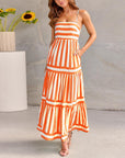 Summer Striped Printed Suspender Long Dress With Pockets Fashion Square Neck Backless Dresses For Beach Vacation Women Clothing