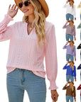 Solid Color Hollow-out Pleated Ruffle Shirts Sleeve V-neck Loose Long Sleeve Tops Women