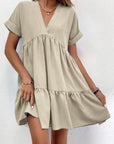 New Short-sleeved V-neck Dress Summer Casual Sweet Ruffled Dresses Solid Color Holiday Beach Dress For Womens Clothing