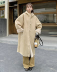 Windproof Stand Collar Hooded Loose Single-breasted Khaki Retro Fur Coat