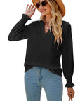 Solid Color Hollow-out Pleated Ruffle Shirts Sleeve V-neck Loose Long Sleeve Tops Women