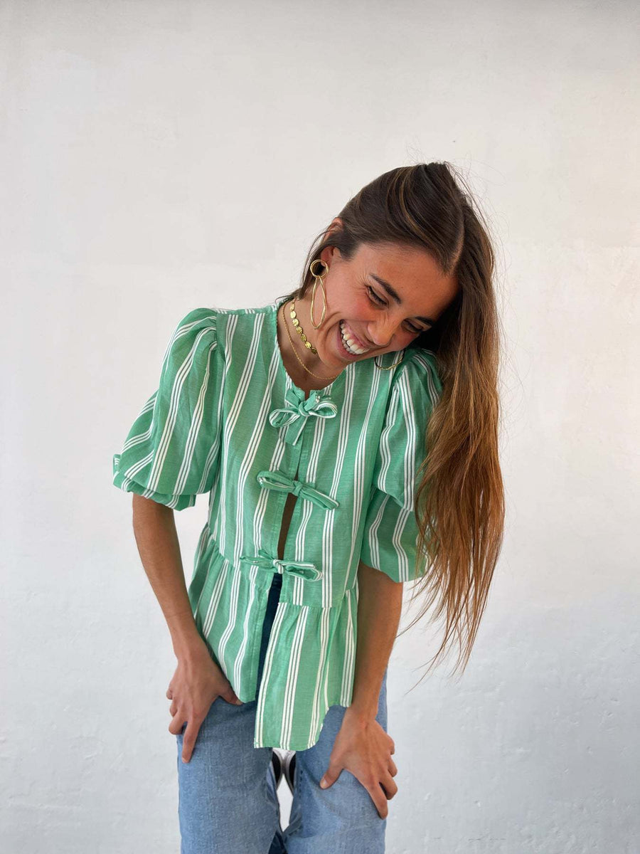 Striped Women's Top Tether Loose Pleated Shirt