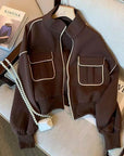 Pocket Stand-up Collar Baseball Jacket For Women