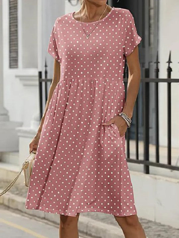 European And American Summer Short Sleeve Round Neck Pocket Polka Dot Print Dress