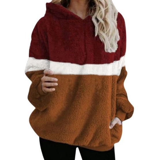 Three-color Stitching Fleece Hooded Sweater