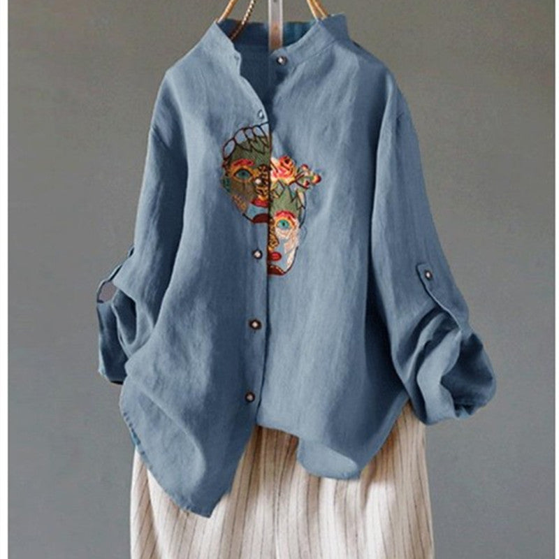 Retro cotton and linen embroidery casual shirt