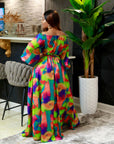 Women's Bubble Long Sleeve Printed Waist-controlled Temperament Long Dress