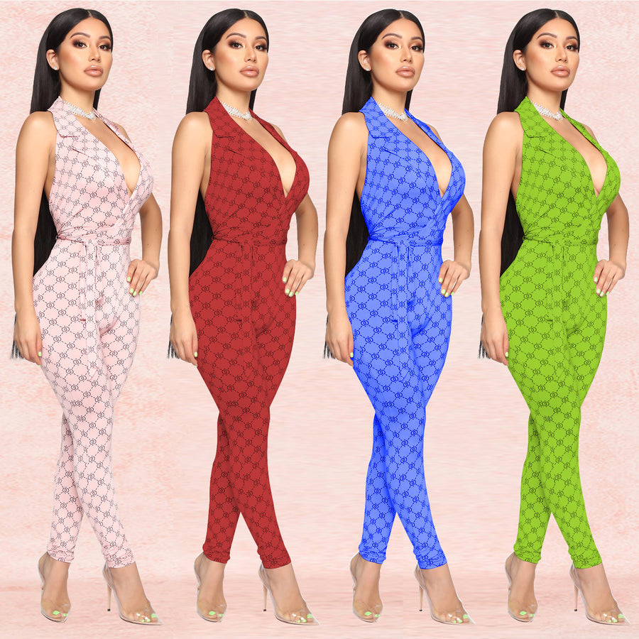 Printed sexy halter jumpsuit women