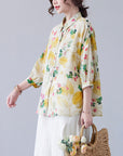 Women's Loose Retro Western Style Elegant Floral Cotton And Linen Shirt