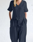 Women's Solid Color Pure Cotton And Linen Loose Strap Pocket Jumpsuit