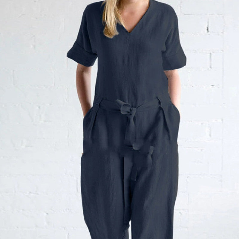 Women's Solid Color Pure Cotton And Linen Loose Strap Pocket Jumpsuit