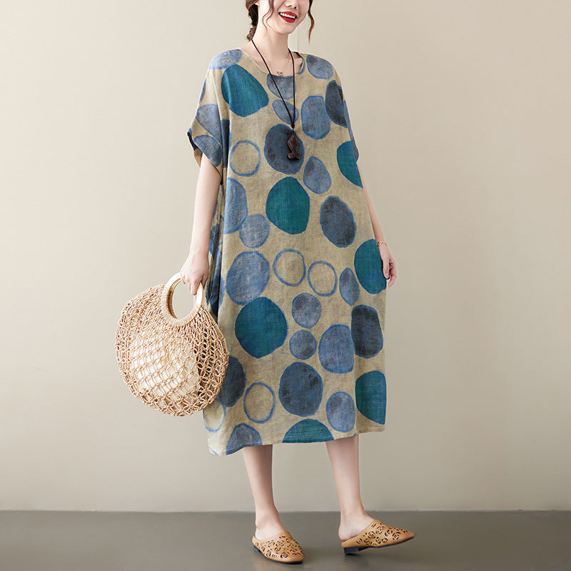 Women's Cotton And Linen Retro Floral Art Over The Knee Dress