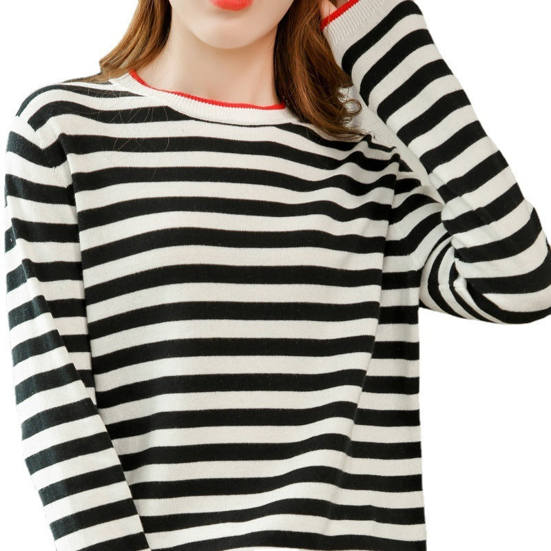 Round Neck Striped Sweater Women's Cotton Long Sleeve T-shirt Navy-striped Shirt Loose Bottoming T-Shirt