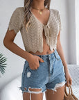 Lace-up Cutout Short-sleeved Knitted Cardigan