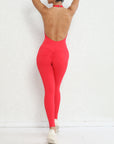 Halter Bare Back Yoga Jumpsuit Pleated Pocket Peach Hip Tight Sports Fitness Jumpsuit For Women