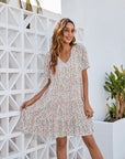 Women's V-neck High Waist Flower Short Sleeve Ruffles Dress