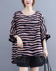 Summer Women's Loose Plus Size Striped Batwing Sleeve T-shirt