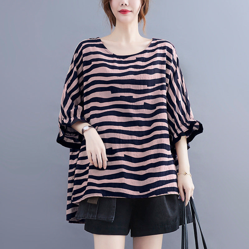 Summer Women's Loose Plus Size Striped Batwing Sleeve T-shirt