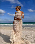 2pcs Women's Dress Suit Sexy Sleeveless Backless Cropped Halter Top And Pleated Long Dress