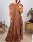 Short Sleeve Pleated Long Dress Summer Round Neck Dress Women's Clothing