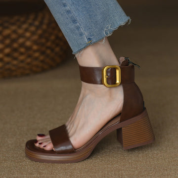 British Style Retro Strap Sandals Chunky Heel