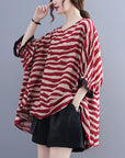 Summer Women's Loose Plus Size Striped Batwing Sleeve T-shirt