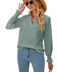 Solid Color Hollow-out Pleated Ruffle Shirts Sleeve V-neck Loose Long Sleeve Tops Women