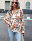 Women's Tops Casual Floral Print V Neck Long Sleeve Shirts Loose Chiffon Blouses Shirts Tops