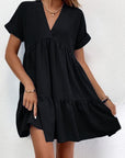 New Short-sleeved V-neck Dress Summer Casual Sweet Ruffled Dresses Solid Color Holiday Beach Dress For Womens Clothing