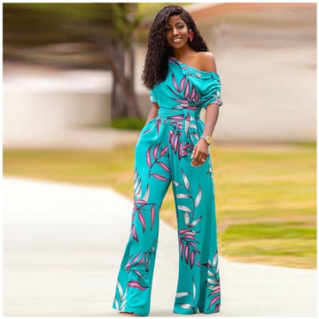 One-shoulder Printed Short-sleeved Wide-leg Jumpsuit Women