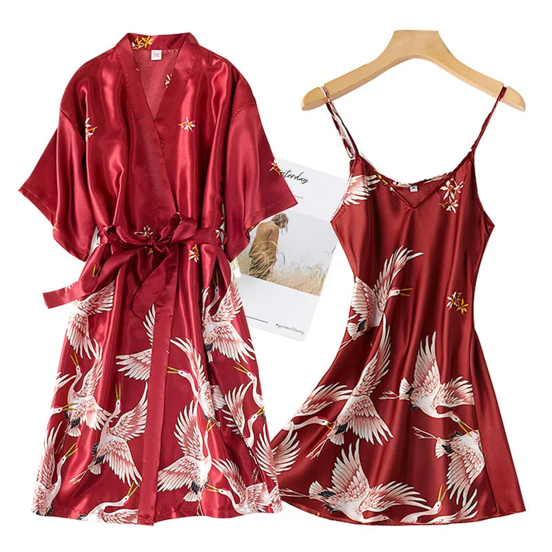 Faux Silk Kimono Robe Gown Sets