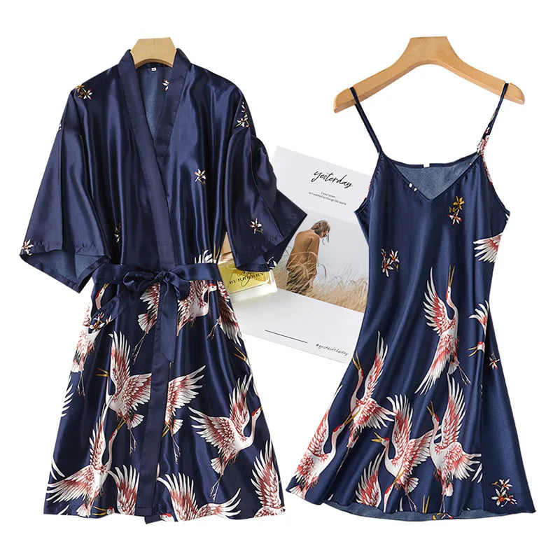 Faux Silk Kimono Robe Gown Sets