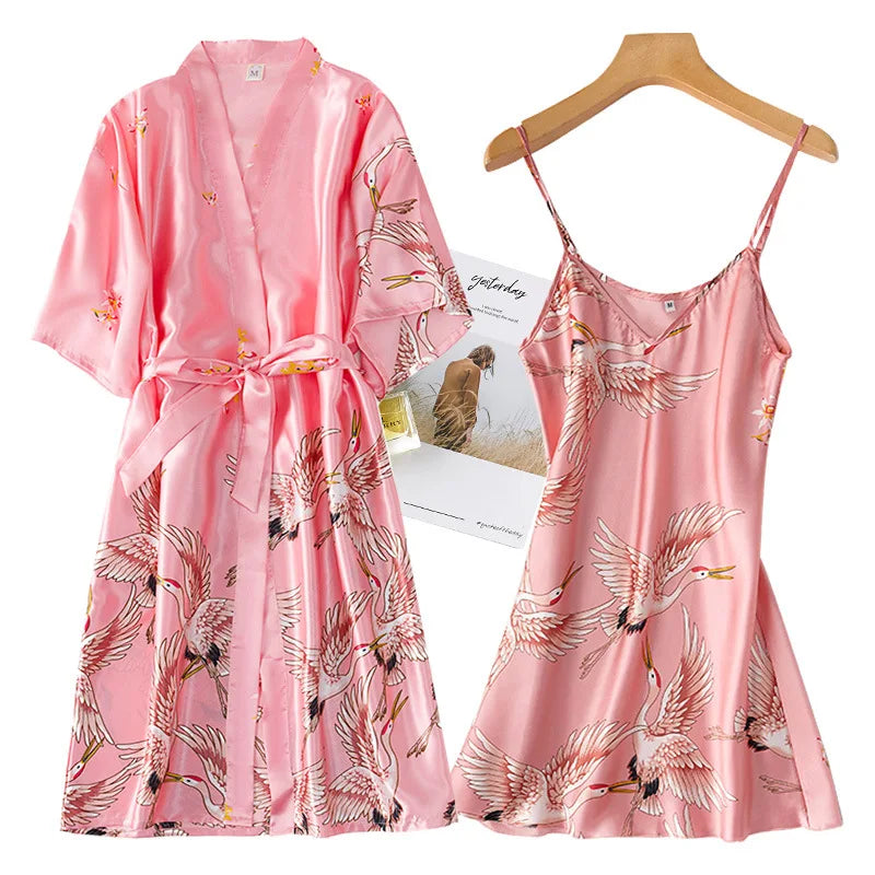 Faux Silk Kimono Robe Gown Sets