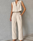 Women's Khaki Cotton And Linen Sleeveless Vest Trousers Two-piece Set