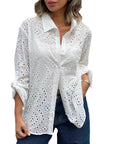 Women's Solid Color Loose Embroidered Hollow Shirt Top