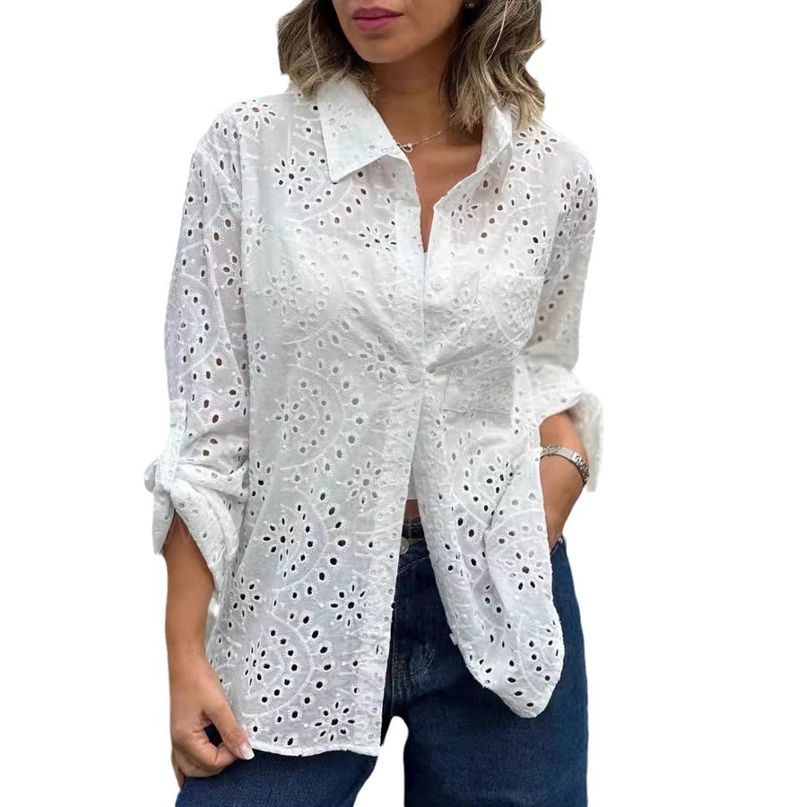 Women's Solid Color Loose Embroidered Hollow Shirt Top