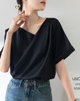 French Sexy V-neck Short-sleeved Shirt Women's Design Niche Temperament Drape Chiffon Shirt