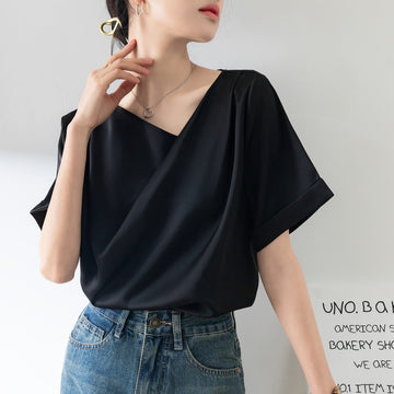 French Sexy V-neck Short-sleeved Shirt Women's Design Niche Temperament Drape Chiffon Shirt