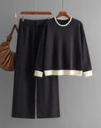 Contrast Color Round Neck Knitwear Wide Leg Pants Two-piece Set For Women