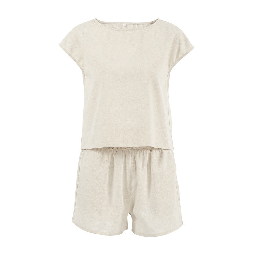 Women's Khaki Cotton And Linen Drop-shoulder Sleeve Vest Shorts Two-piece Set