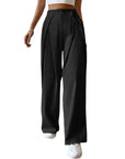 Women's High Waist Drawstring Patchwork Wide-leg Pants Casual Straight Pants