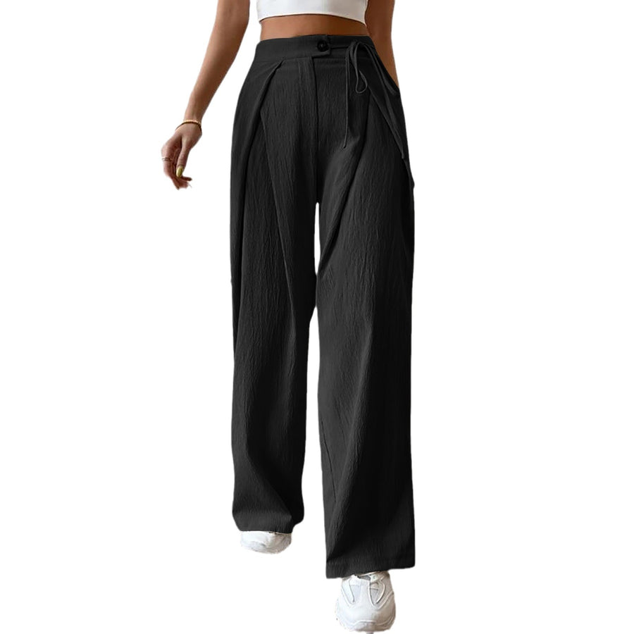 Women's High Waist Drawstring Patchwork Wide-leg Pants Casual Straight Pants