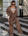 Fashion Leopard-print Long-sleeved Shirt Trousers Two-piece Set