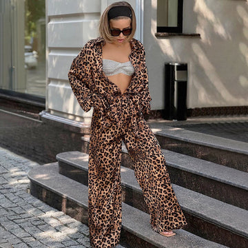 Fashion Leopard-print Long-sleeved Shirt Trousers Two-piece Set